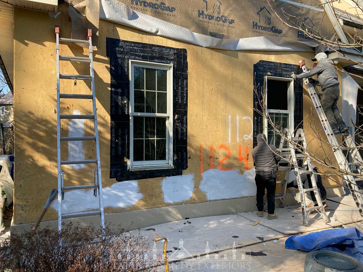 Following stucco removal, various sheathing locations received mold-killing primer. These locations were structurally sound and didn’t need new pieces to be replaced but we performed this home service as a precaution.