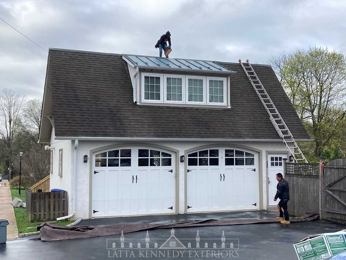 Prepping before removal of the roofing on this garage in Malvern, PA.