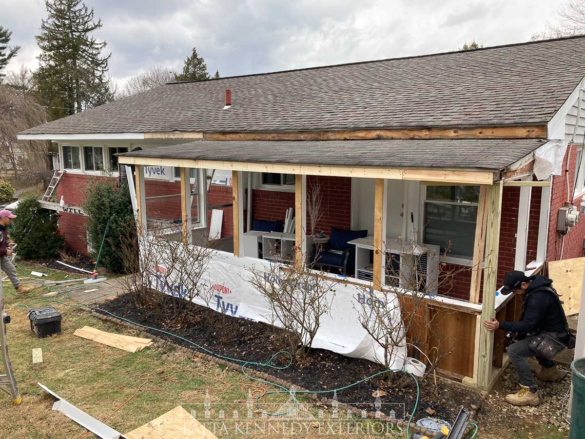 Structural repairs to sunroom. New 4”x4” pressure treated post and new 2”x4” pressure sill installed (fastened with concrete Tapcons and framing nails). Also, notice deterioration to upper fascia boards. These will be replaced just like the lower sunroom fascia.