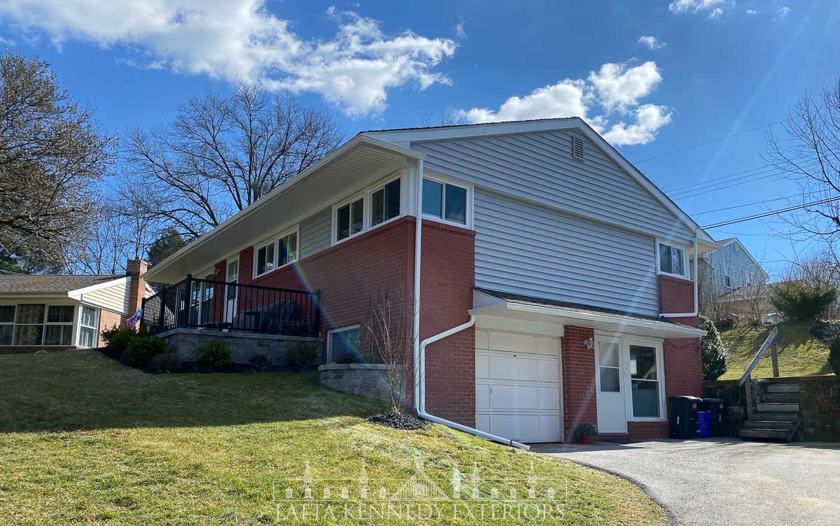 Completed front and right side of the home. Also outfitted with new 5” K-Style gutters and 2”x3” corrugated downspouts, high gloss white.